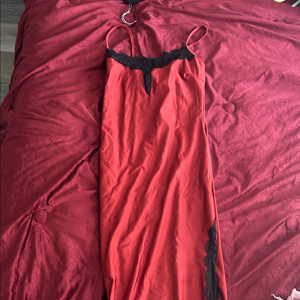Red Slip Dress with Black Lace Trim